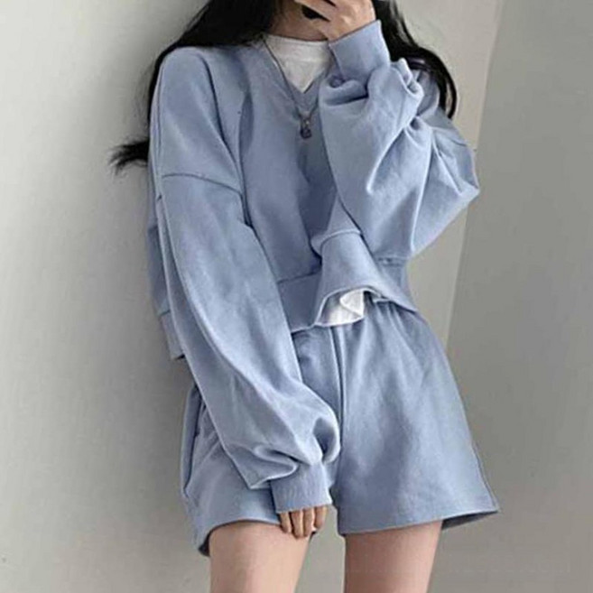 여성 맨투맨 밴딩 반바지 트레이닝 세트