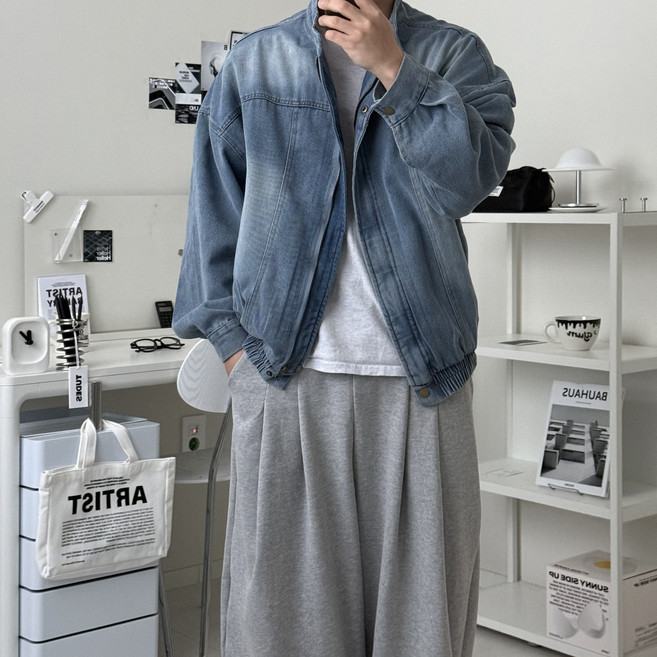 르위 오버핏 절개 데님 자켓 청남방 차이나카라 밴딩 빅사이즈 간절기 점퍼