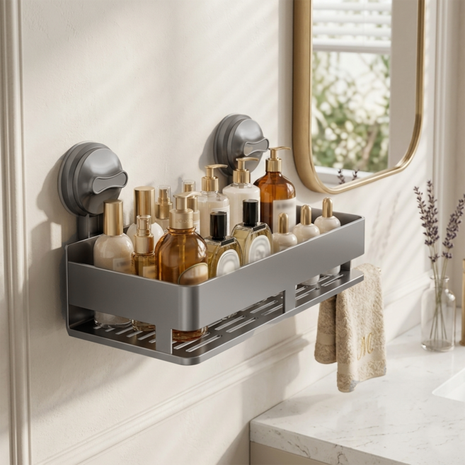 Leesheer 무타공 탈부착 가능 욕실 선반 강력 흡착식 화장실 선반, 1개, 회색 총색