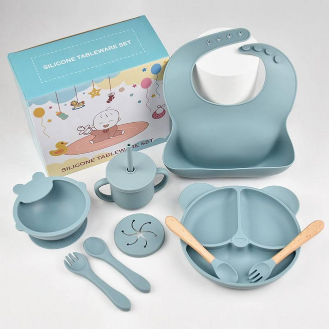 이유식기 실리콘 올인원 유아동식기 세트, 1세트, 9종, 회색파란색