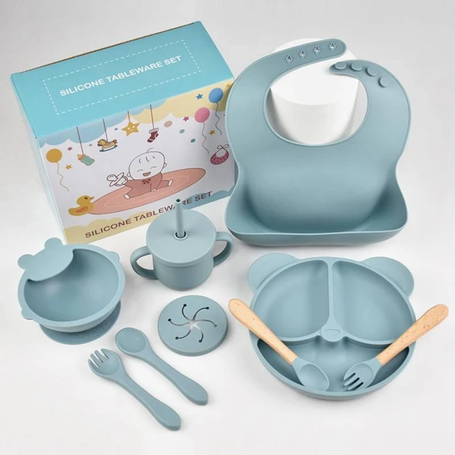 이유식기 실리콘 올인원 유아동식기 세트, 1세트, 9종, 회색파란색 - 쿠팡