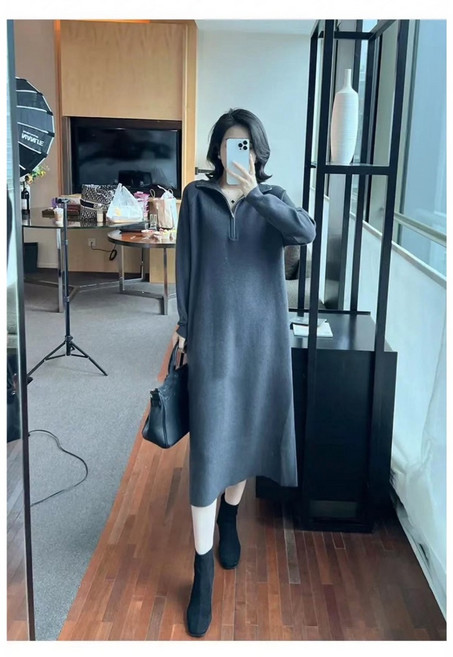 JinG 高領拉鍊針織長洋裝, 灰