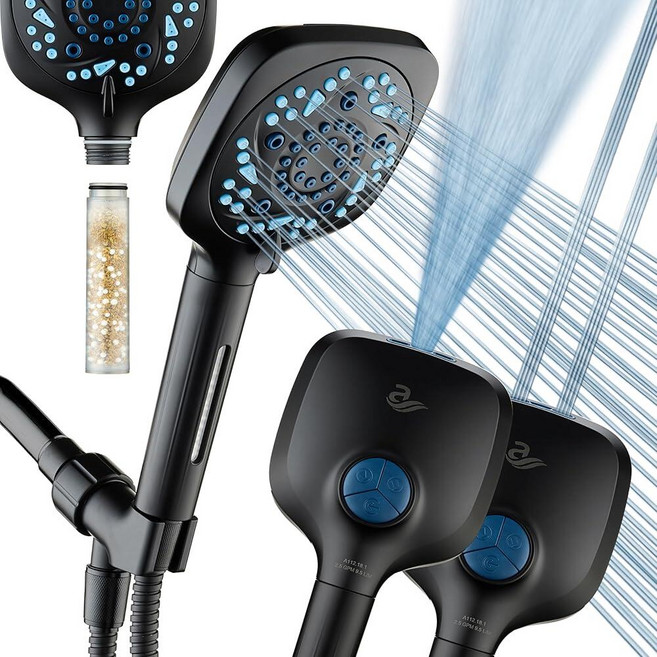 AquaCare 고압 10 모드 필터 핸드헬드 샤워 헤드 내장 파워 워시 - 욕조 타일 및 애완 동물을 청소하고 물에서 염소 금속 독소를 제거하여 피부 모발 손톱을 보호합, SQUARE, Matte Black