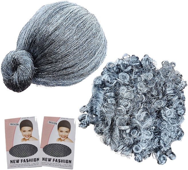 반짝이는일상 촌캉스 할머니 가발 뽀글머리+쪽진머리 세트, 1세트, 쪽진머리+뽀글머리