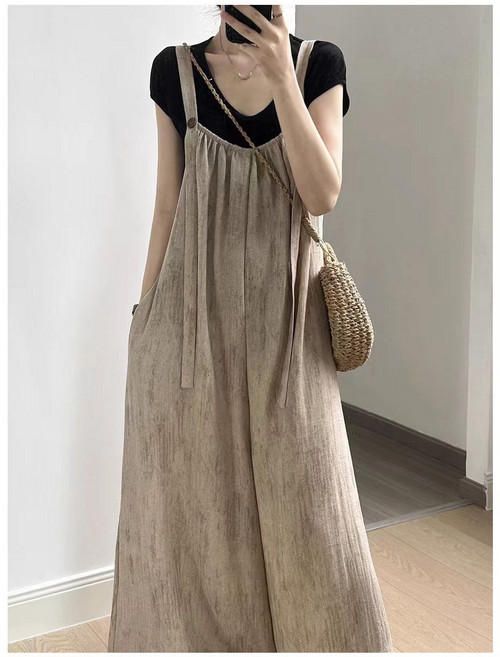 FINE ART 여성 면마 멜빵바지 통근 드롭 배기 캐주얼 린넨 긴바지 나른 여름 긴바지 와이드 점프슈트 데일리