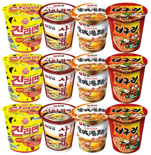 소컵 12종 세트 진라면 매운맛 3개+사리곰탕 3개+안성탕면 3개+너구리 3개, 1개