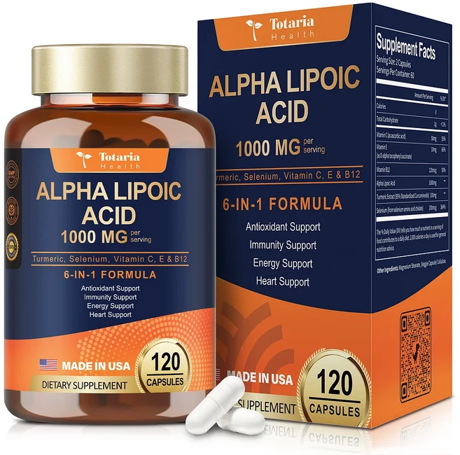 토타리아 알파리포산 1000mg 고함량 항산화 영양제 ALA 비타민C E 셀레늄 복합 세포 에너지 대사 보충제, 1박스, 1박스, 120정