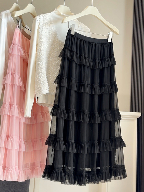 【顯瘦蓬蓬】半身裙 蛋糕裙 網紗裙 仙女裙 高腰A字裙 春季新款 黑色中長款 多層網紗 百搭顯瘦 約會度假必備