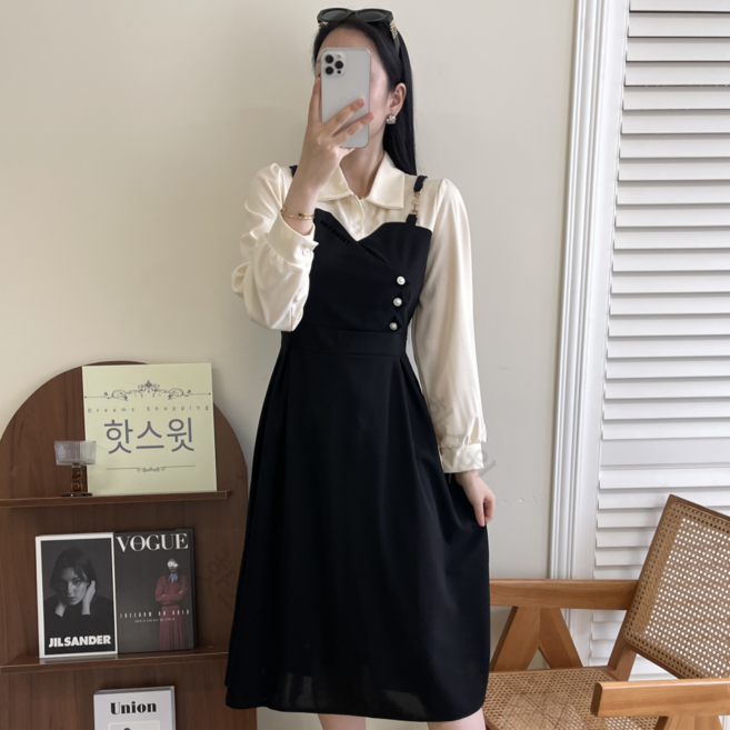 핫스윗 상하의 일체형 카라 긴팔 슬림 미디 원피스 스몰부터 빅사이즈까지