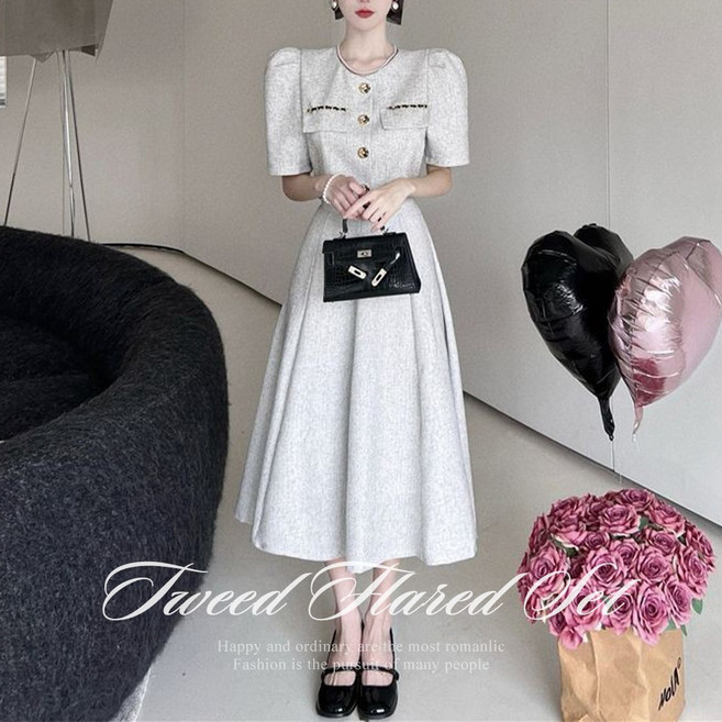 [순이] C.여성 하객 반팔 트위드 플레어 세트