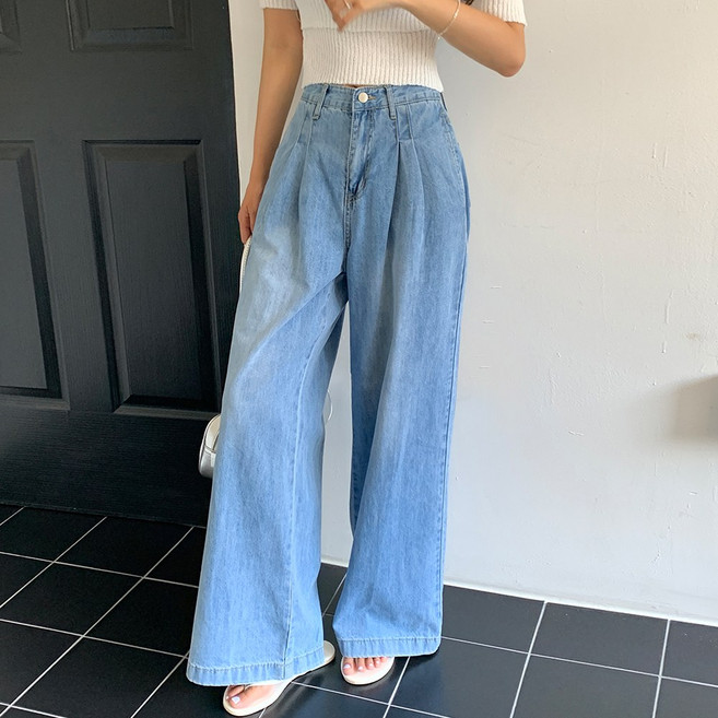 떳다그녀 플라즈 S~2XL 워싱데님 통핀탁바지 더블핀턱 중청데님 빅사이즈 와이드팬츠