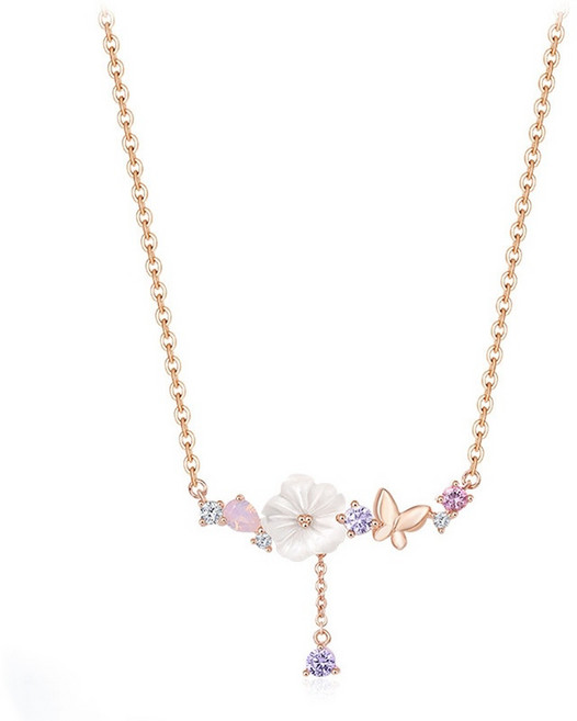 여성용 14k 도금 벚꽃 랑드샤 실버 목걸이