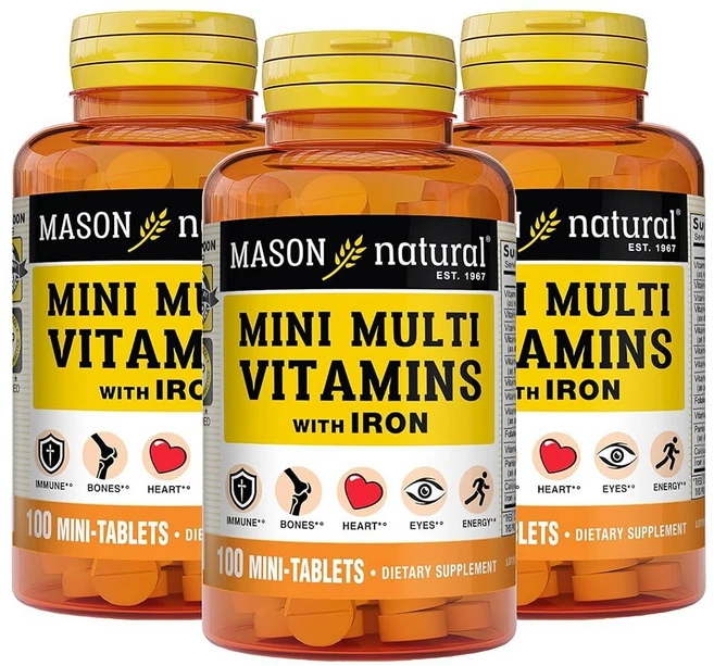 Mason Natural 철분 비타민 A C D E B1 B2 B3 B6 B12 엽산 및 칼슘이 함유된 데일리 멀티 비타민 전반적인 을 위한 100정 (3팩) - 쿠팡