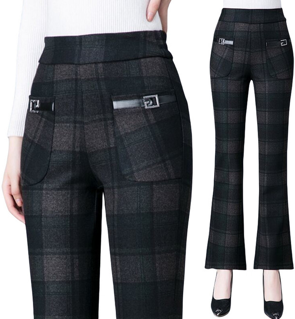 ROYALBELLE 여성용 세미부츠컷 팬츠 나팔바지 체크 하이웨스트 정장바지 Y021813