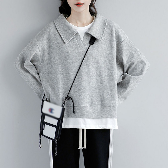 ROYALBELLE 여성 루즈핏 배색 레이어드 카라넥 디자인 캐주얼 데일리 스타일 맨투맨 U0081734