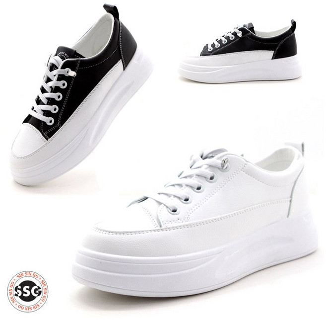 [천연가죽 키높이] 발볼편한 여자 캐주얼 스니커즈 밴딩끈 운동화 4cm KC 7717