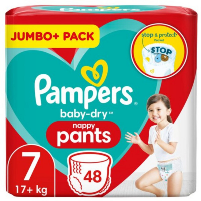 48매입 몸무게 17kg 이상 전용 팸퍼스 베이비 드라이 네피 기저귀 사이즈7 Pampers Size7 Baby Dry Nappy Pants, 7단계