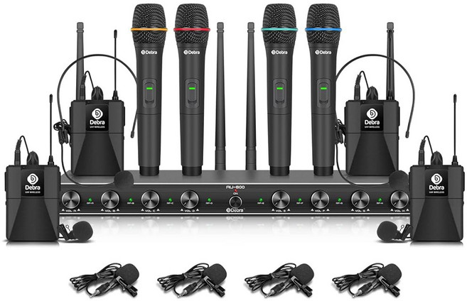 D Debra Audio AU800 Pro UHF 8채널 무선 마이크 시스템 핸드헬드 라발리에 헤드셋 포함 금속 수신기 노래방 교회 파티에 이상적 (바디팩 8개), 휴대용 4개 및 바디팩 4개
