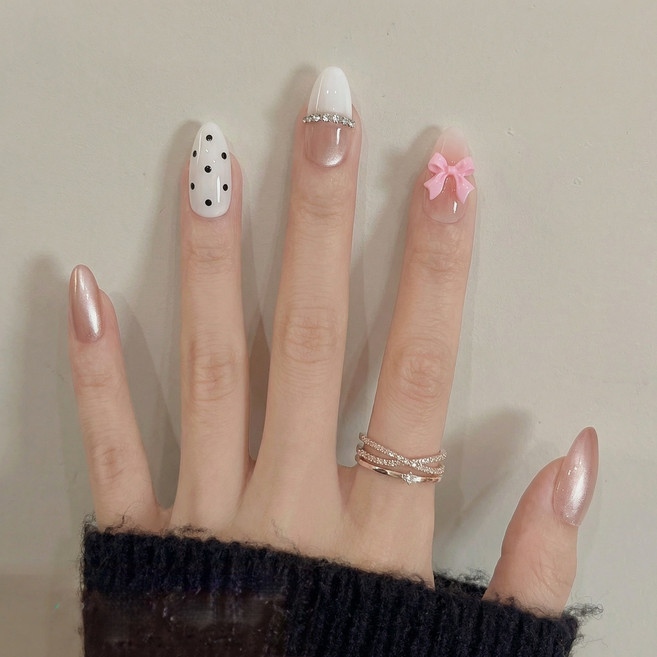 수제 프랑스식 고양이 눈 네일 팁 일상 통근 데이트 휴가에 필수 아이템, 1개, 프렌치 도트,M사이즈,10P