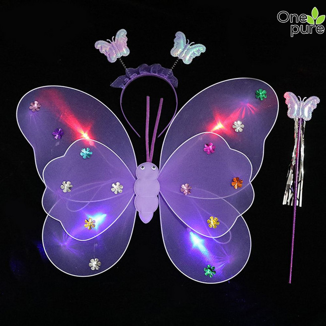 움직이는날개 강아지 촬영소품 나비 팅커벨 요정, 퍼플 이중 발광 날개