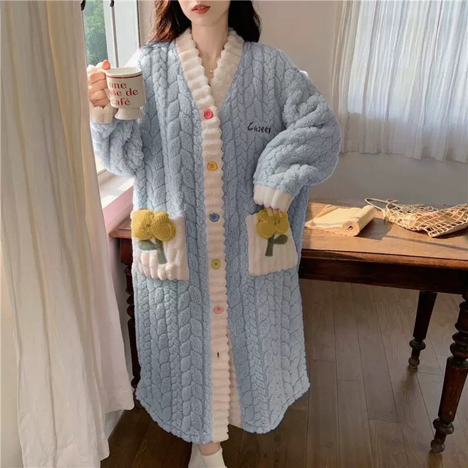 몽실몽실 수면 롱 원피스 극세사 수면 잠옷 겨울 홈웨어 루즈핏 빅사이즈 파자마 가운 단추