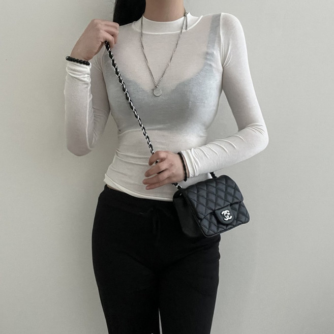 바나나2 국내제작 쫀쫀 시스루 스판 무지 긴팔 티셔츠