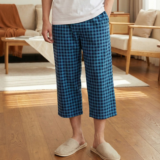 7부 기장 고슬고슬한 촉감 남성 여성 깅엄 체크 주머니 파자마 잠옷 바지 P-1017