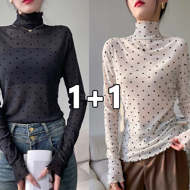 꽃소담 1+1 여성 도트 시스루 반목티 망사 얇은 이너 긴팔 티셔츠 MXP26A144