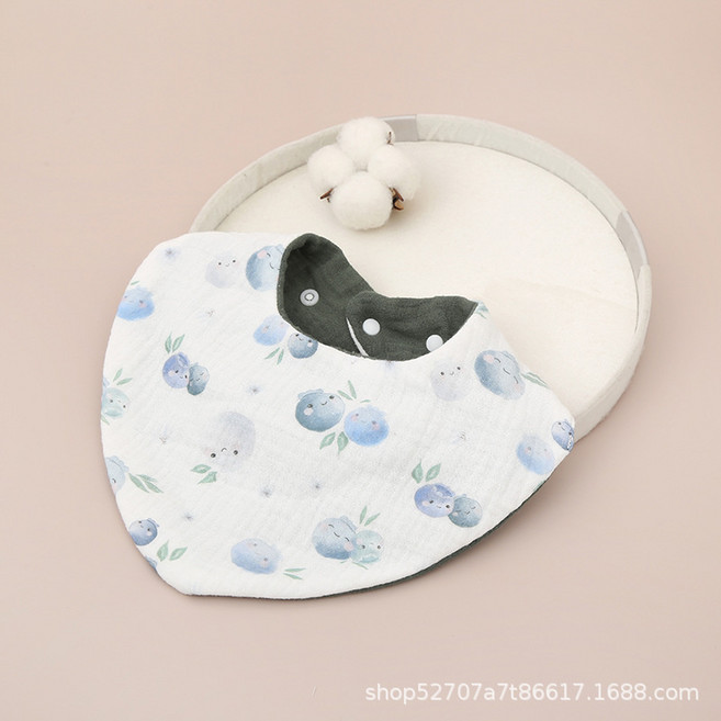 新款嬰兒雙面縐布三角巾六層紗圍嘴寶寶口水巾圍兜兒童吃飯兜圍脖, 1個, 1個裝, 藍莓甜夢:如圖