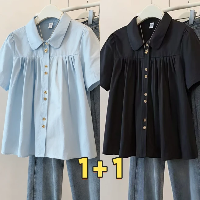 1+1 빅사이즈 여성 프렌치 반팔 블라우스 2026 여름 슬림 효과 상의