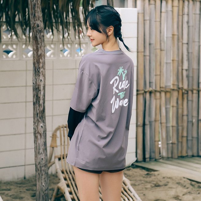 [비치팜]웨이비 여성 레이어드 래쉬가드 긴팔 빅사이즈 비치웨어, 블랙