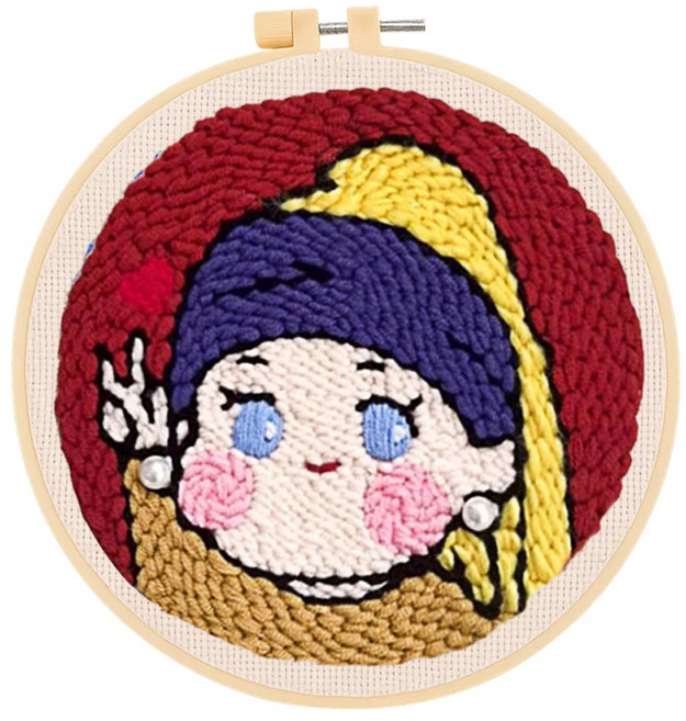 투데이리빙 DIY 펀치 니들 자수 세트 초보자 힐링 취미 뜨개질 만들기 감성 털실 펀칭 공예 십자수 키트 귀여운 원형 소품 액자 프레임, 진주귀걸이소녀, 1세트