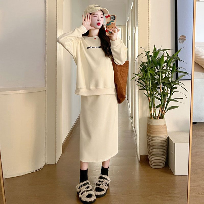 임산부 투피스 치마 세트 봄 가을 캐주얼 편안한 루즈핏 맨투맨 롱스커트 세트 JS