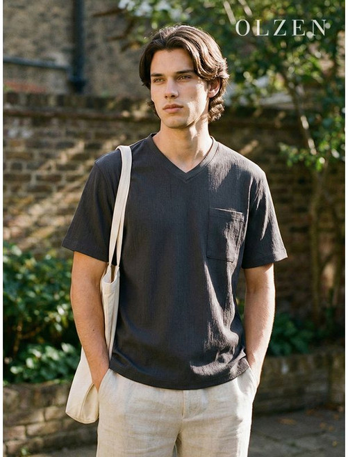 올젠 우븐배색 브이넥 티셔츠 (ZOE2TR1313)
