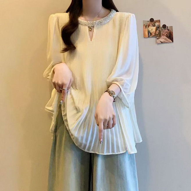 IWMAFT 여성 여름 쉬폰 반팔 블라우스 플리츠 루즈핏 라운드넥 체형커버 우아한 티셔츠 SQ976