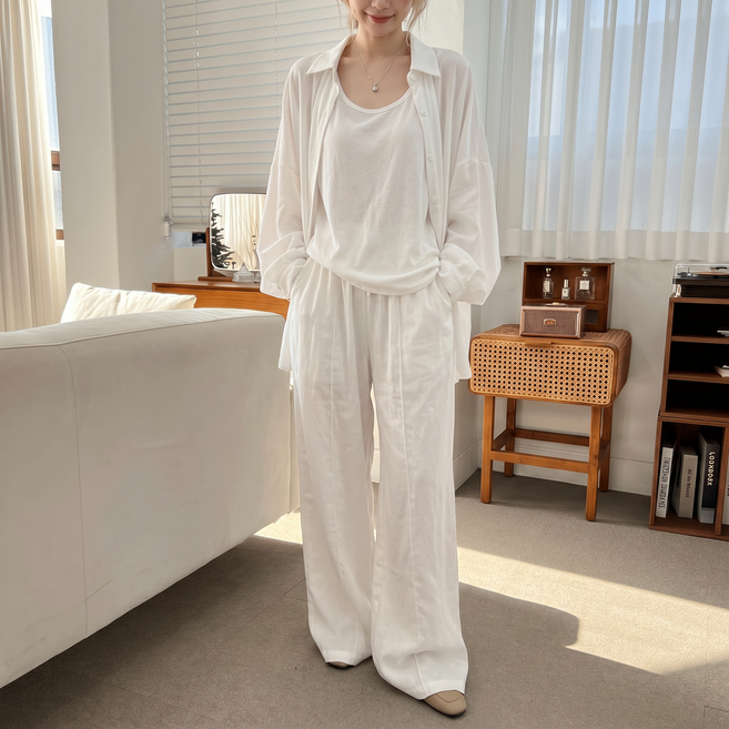 에쥬아 여성 민소매 티셔츠 + 린넨 와이드 팬츠 얇은 가디건 3종세트