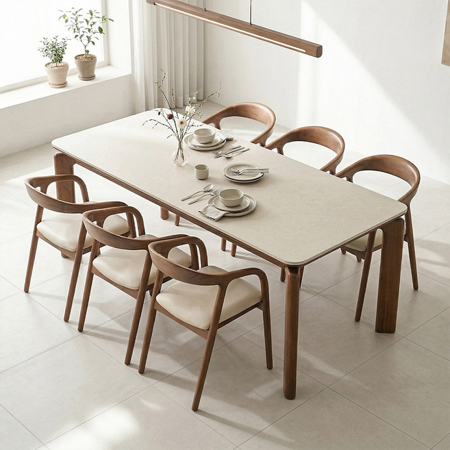 퍼니인어스 아르코 세라믹 원목 월넛 식탁 세트 6인용 의자형, 6인식탁세트의자형