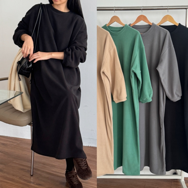 핏몬 여성 오버핏 후리스 라운드넥 무지 기모 롱 원피스