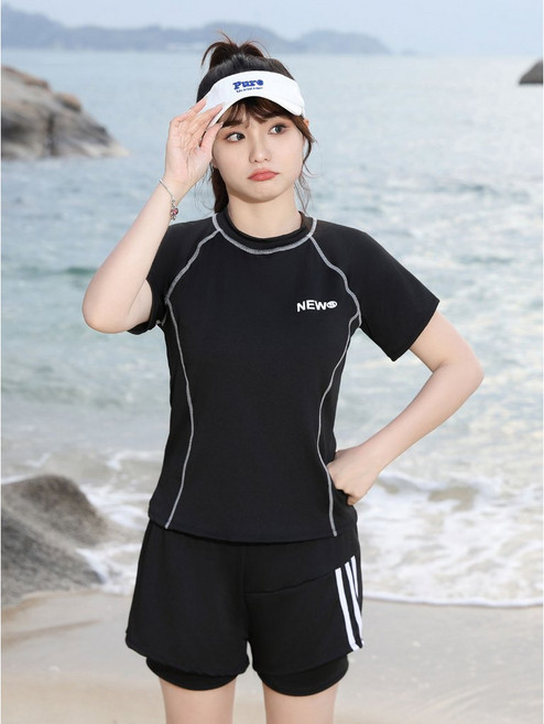 大尺碼多件式泳衣 防曬短袖長袖泳裝 泳褲泳裙套裝 戶外水上活動適用, 【CR951】白色體重60-90KG