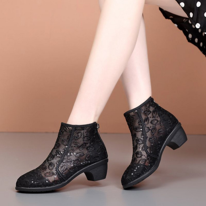 여성용 봄여름 망사 펀칭 레이스 펀칭 댄스부츠 캐주얼 스팽글 그물 부츠 샌들