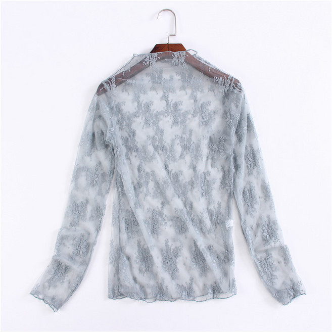 [별별천지] 여성 긴팔티 레이스 쉬폰 시스루 망사 꽃무늬 블라우스 셔츠 목폴라 레이어드 가을 겨울