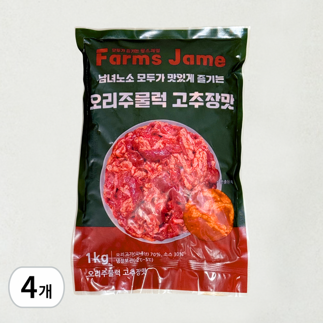 팜스제임 [국내산 고추가루] 무항생제 오리주물럭 (냉장) 오리 주물럭 불고기 오리고기 슬라이스, 1kg, 4개