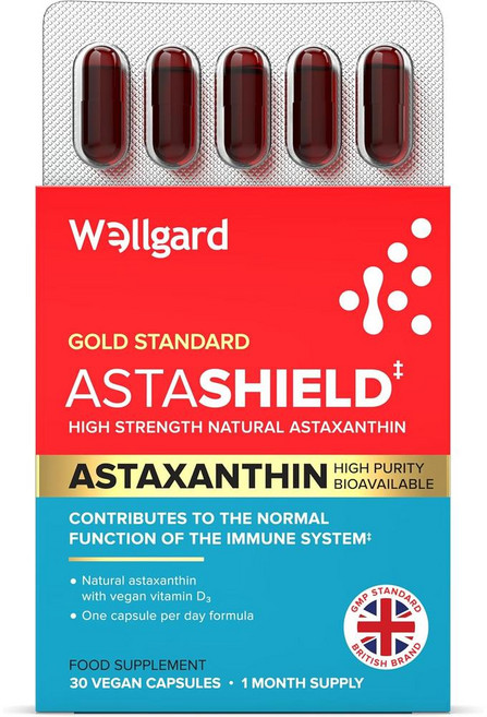 영국 웰가드 Wellgard Vegan Astaxanthin 비건 아스타쉴드 아스타잔틴 8mg with 비타민D3 캡슐, 2개, 30정
