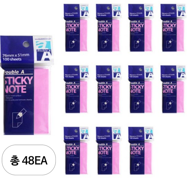 더블에이 스티키 노트 76 x 51 mm, 48개, 네온마젠타