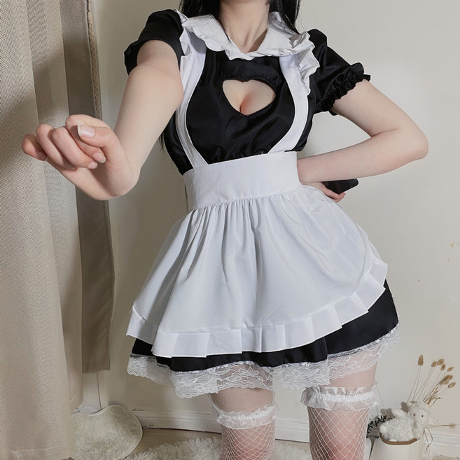 더바몰 섹시 하트홀 메이드 코스튬 할로윈 코스프레