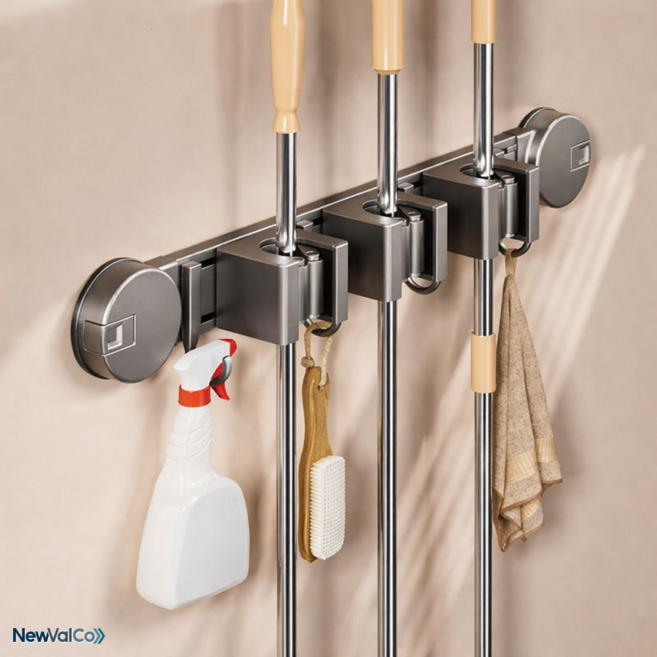 뉴밸코 항공 알루미늄 무타공 진공흡착 밀대걸레 거치대, 1개, 3홀더4후크 건메탈그레이