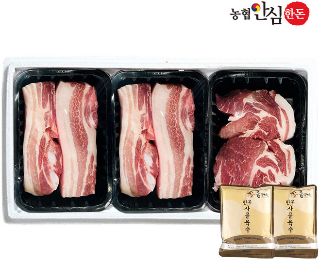 [햇땅] 홍성한돈 구이 선물세트 3호_가방없음 (삼겹살400g + 목살400g + 가브리400g + 한우사골육수400gx2봉), 1개