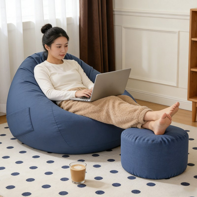 초경량 1인용 빈백 소파 손잡이 이동 가능 풋스툴 포함 탈부착 커버 세탁가능 패브릭 안락의자, 블루