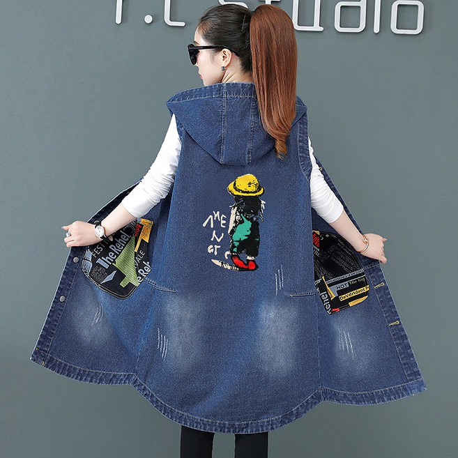 라오농 빈티지 빅포켓 후드 롱 슬립 데님 베스트 여 가을 민소매 트렌치코트 민소매 런닝 조끼 롱 조끼+KIE009X