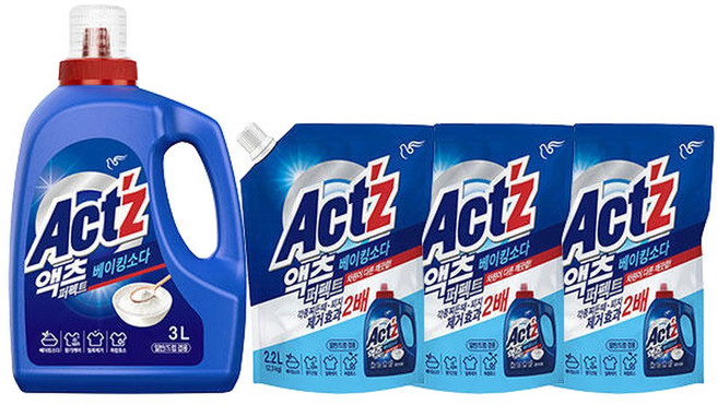 액츠 퍼펙트 일드겸용 액체세제 베이킹 용기 3L +리필 2.2L 3개